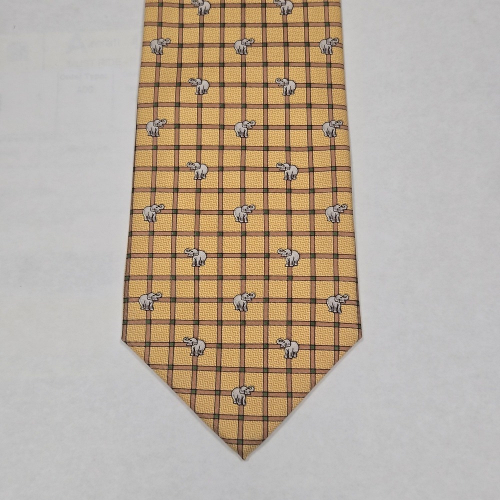 Vongsuvanthong Thai Silk Men Elephant Tie Yellow Plaid Hand Made Thailand 56 In